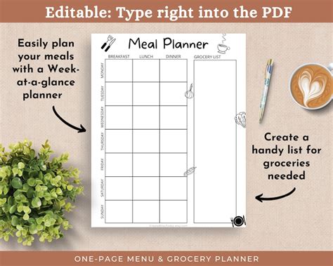 Fillable Meal Printable Meal Plan Meal Prep Planner Template Editable Pdf Grocery List