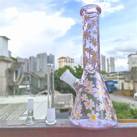 Bulk Order Pink Daisy Glass Bong With Downstem And 14mm Male Tobacco Bowl Ideal For Smoking