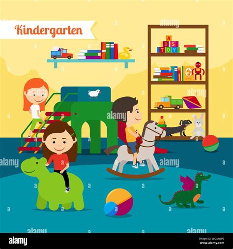 Kindergarten. Children playing in kinder garden. Vector illustration ...