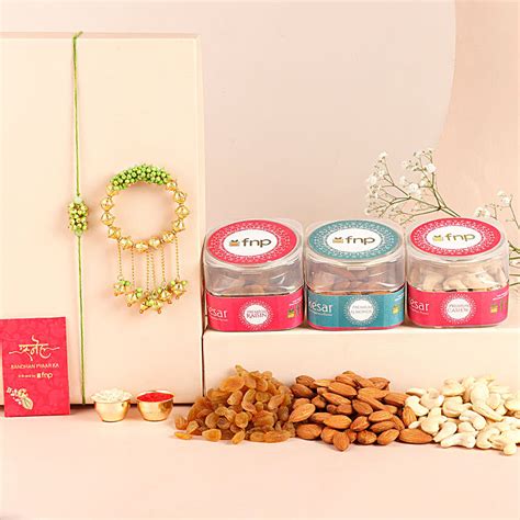 Buy Send Sneh Golden Bhaiya Bhabhi Rakhi Set Kesar Dry Fruits Online FNP