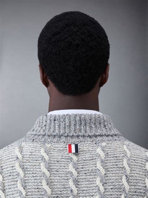 Donegal Bicolor Twist Cable Bar Shawl Neck Pullover Thom Browne