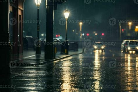 City street at rainy night road and streetlights at night background ...