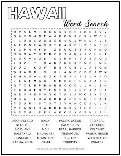 Hawaii Printable Word Search Puzzle | Word Search Addict