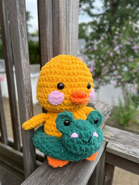 Mr Quacky Duck Amigurumi Crochet Plushie With Frog Friend Floaty Etsy