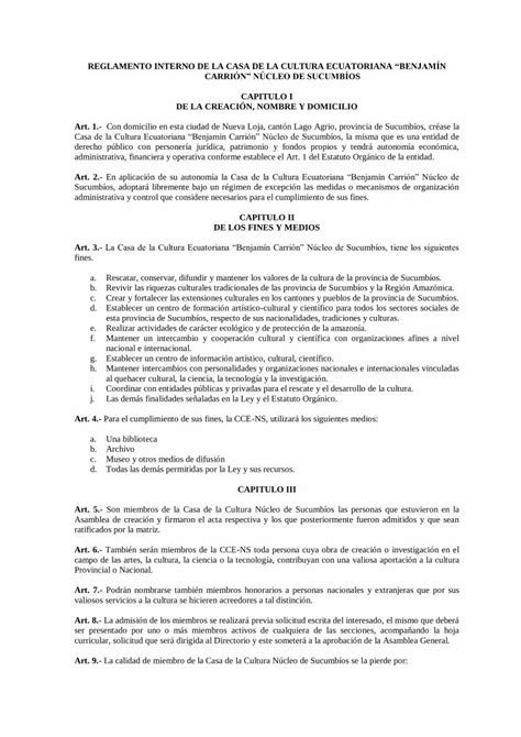 Pdf Reglamento Interno De La Casa De La Casadelacultura Gob Ec