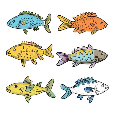 Seis Ilustraciones Coloridas De Peces Detalladas Escamas Aletas