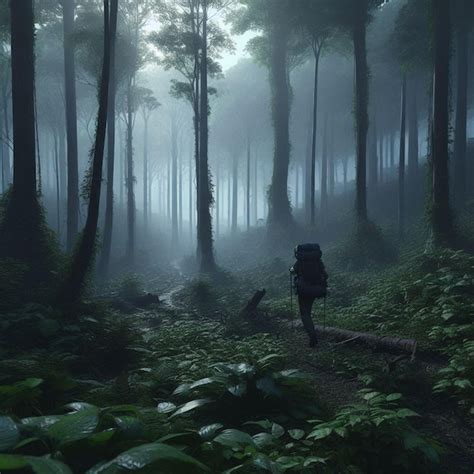 Premium Photo | A lone hiker trekking through a dense forest hiking an ...