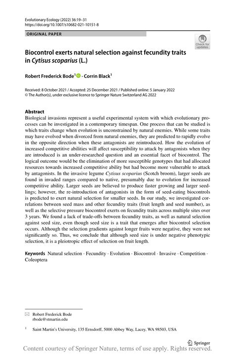 Biocontrol Exerts Natural Selection Against Fecundity Traits In Cytisus