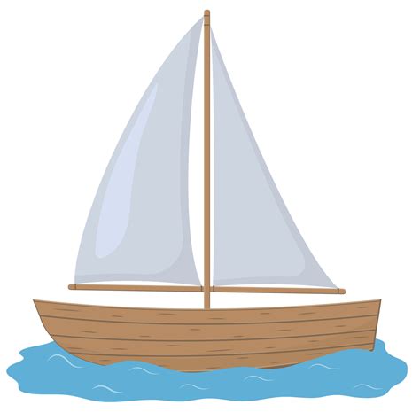 Wooden Boat With Sail Color Vector Illustration In Cartoon Style On A