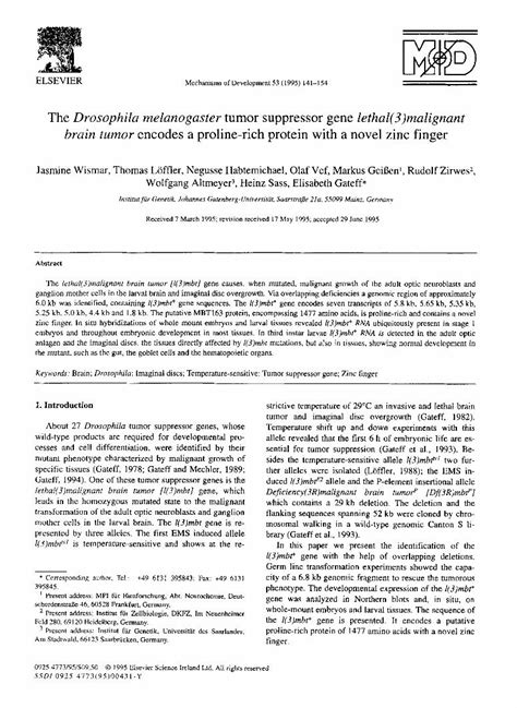 PDF The Drosophila Melanogaster Tumor Suppressor Gene Lethal 3