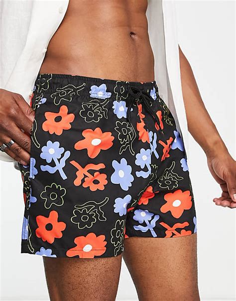 Asos Design Swim Shorts In Short Length With Floral Print In Black Asos