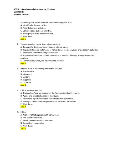 ACC101 Quiz Test 1 ACC101 Fundamental Of Accounting Principles