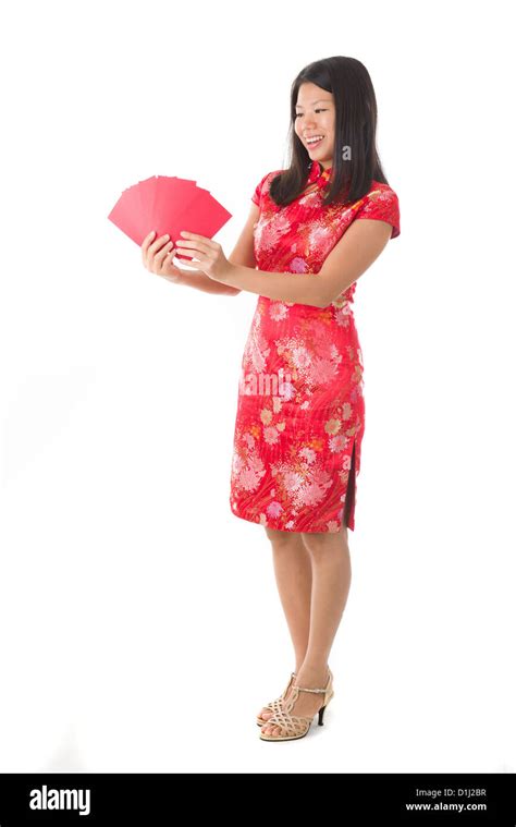 Chinese New Year Girl Ang Pow Red Packet Isolated In White Full Body