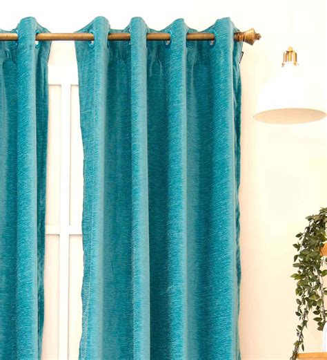 Buy Blue Solid Polyester 9 Ft Blackout Eyelet Door Curtain By Ariana At