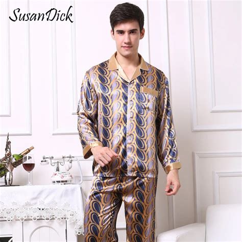 Susandick Noble Silk Men Pajamas Sleepwear Long Sleeve Print Elegant