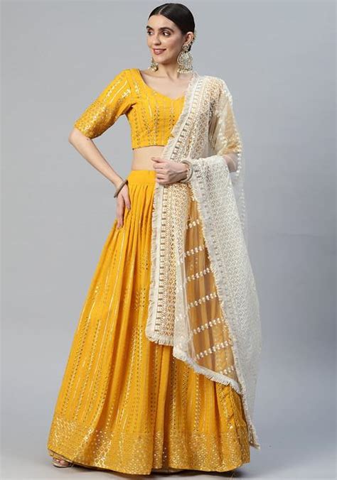 Buy Women Mustard Thread And Sequin Embroidered Lehenga Set Lehenga