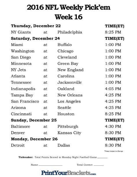 Printable Nfl Week 16 Schedule Pick Em Office Pool 2016