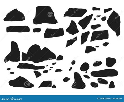 Stones And Cobblestones Set Silhouettes Vector Isolated On Whit Stock