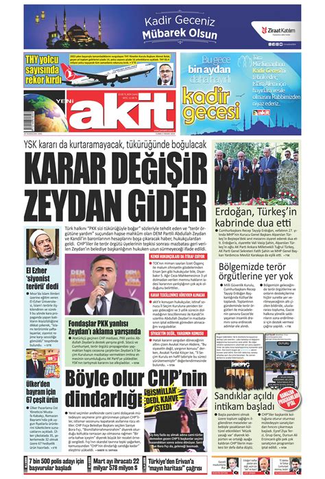 Yeni Akit Gazetesi 5 Nisan 2024 Cuma Günü Manşeti