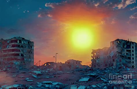 Sunset Over Destroyed Civilian Buildings Digital Art By Viktor Birkus