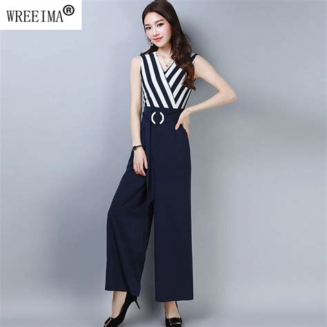 Summer Elegant Women V Neck Patchwork Striped Jumpsuit Fashion Chiffon