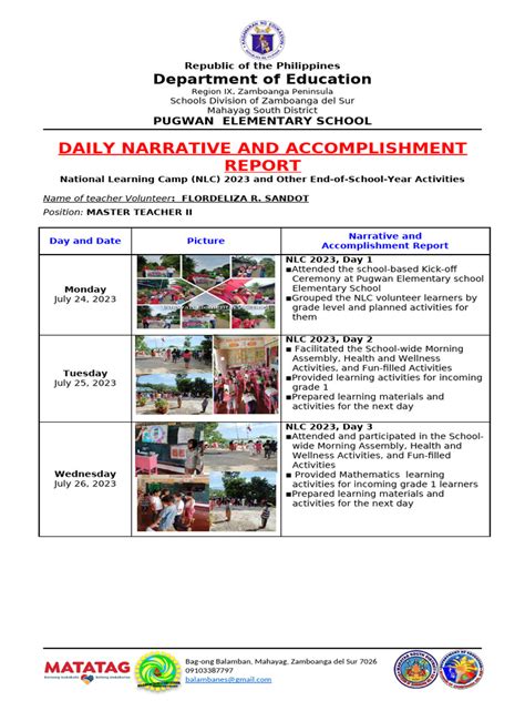 Nlc 2023 Daily Narrative And Accomplishment Report Pdf