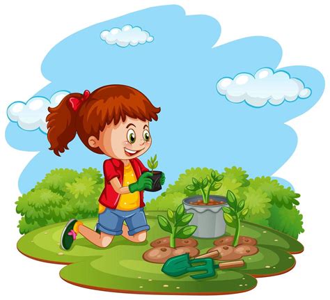 escena con niño plantando árboles en el jardín 1445043 Vector en Vecteezy