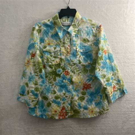 Alfred Dunner Sheer Button Up Top Womans Petites Floral Multicolor