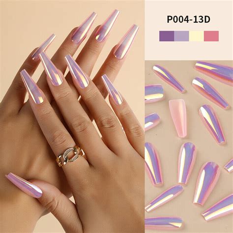 Faux Ongles À Couverture Complète Au Laser Longs Miroir Métallique À R Ebay