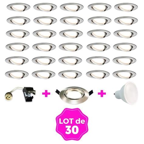 30 Spots encastrable orientable Alu Brossé avec GU10 LED de 7W eqv 56W