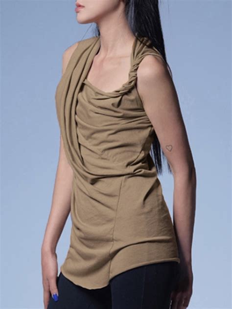 Emmiol Free Shipping 2023 Twist Ruched Asymmetric Design Tank Top Khaki