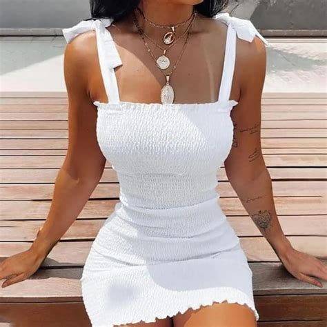 Htnbo Sexy Mini Dresses For Women Sleeveless Straps Solid Color Bodycon