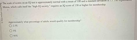 Solved The scale of scores on an IQ test is approximately | Chegg.com