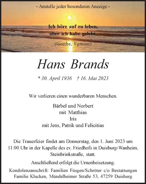 Traueranzeigen Von Hans Brands Trauer In Nrw De