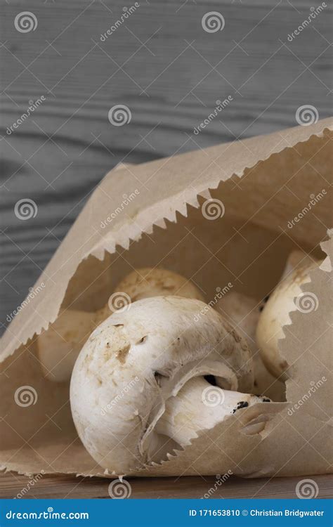 Mushrooms With A Brown Paper Bag On A Wooden Background