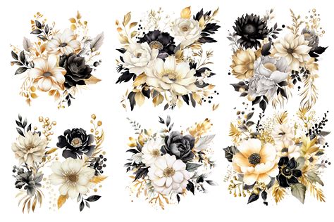 Black White And Gold Flowers Watercolor Graphic By Nayem Khan