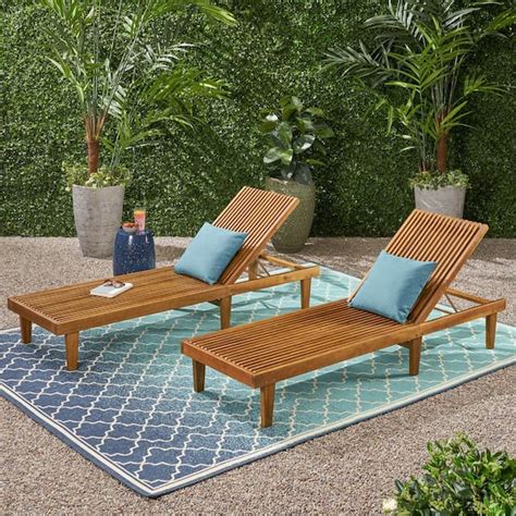 Noble House Nadine Teak Brown 2 Piece Wood Outdoor Patio Chaise Lounges