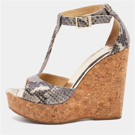 Jimmy Choo Grey Black Snakeskin Embossed Leather Cork Platform Wedge