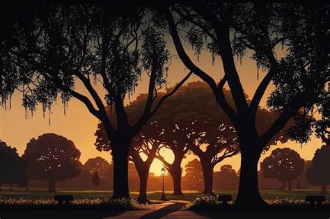 Premium Photo | Sunset among the trees at a park