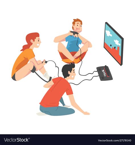 Friends Playing Computer Games Girl With Leg Vector Image