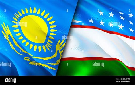 Kazakhstan and Uzbekistan flags. 3D Waving flag design. Kazakhstan ...