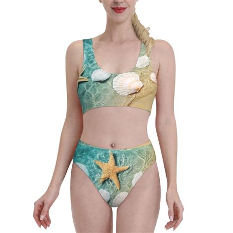 Adobk Starfish And Seashell Print Women High Waisted Bikini Set Sports