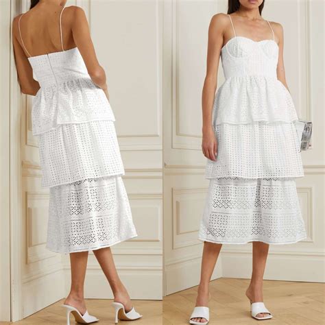 Self Portrait White Broderie Anglaise Lace Guipure Tired Dress Women S