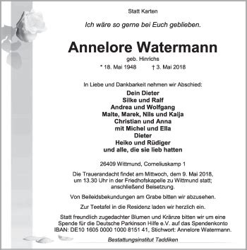 Traueranzeigen Von Annelore Watermann Nordwest Trauer De