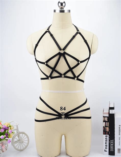 Sexy Women Lingerie Gothic Halter Pentagram Body Harness Caged Bra