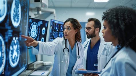 Group Of Medical Professionals Is Intently Examining A Series Of Brain