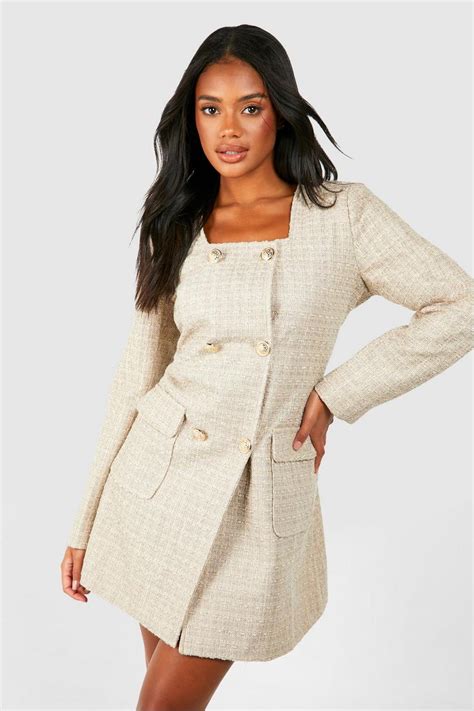 Boucle Button Detail Blazer Dress Boohoo Uk