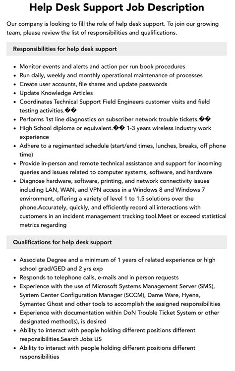 Help Desk Support Job Description Velvet Jobs