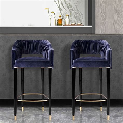 Modern Blue Velvet Counter Height Bar Stool With Back And Metal Footrest