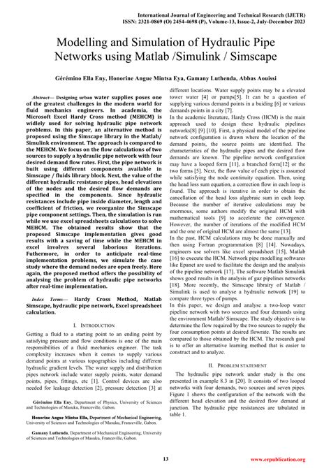 Pdf Modelling And Simulation Of Hydraulic Pipe Networks Using Matlab